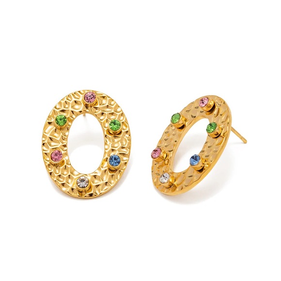 18K Gold Plated Textured Circle Earrings*Multi Color Zircon Earrings*Colorful - Picture 1 of 7